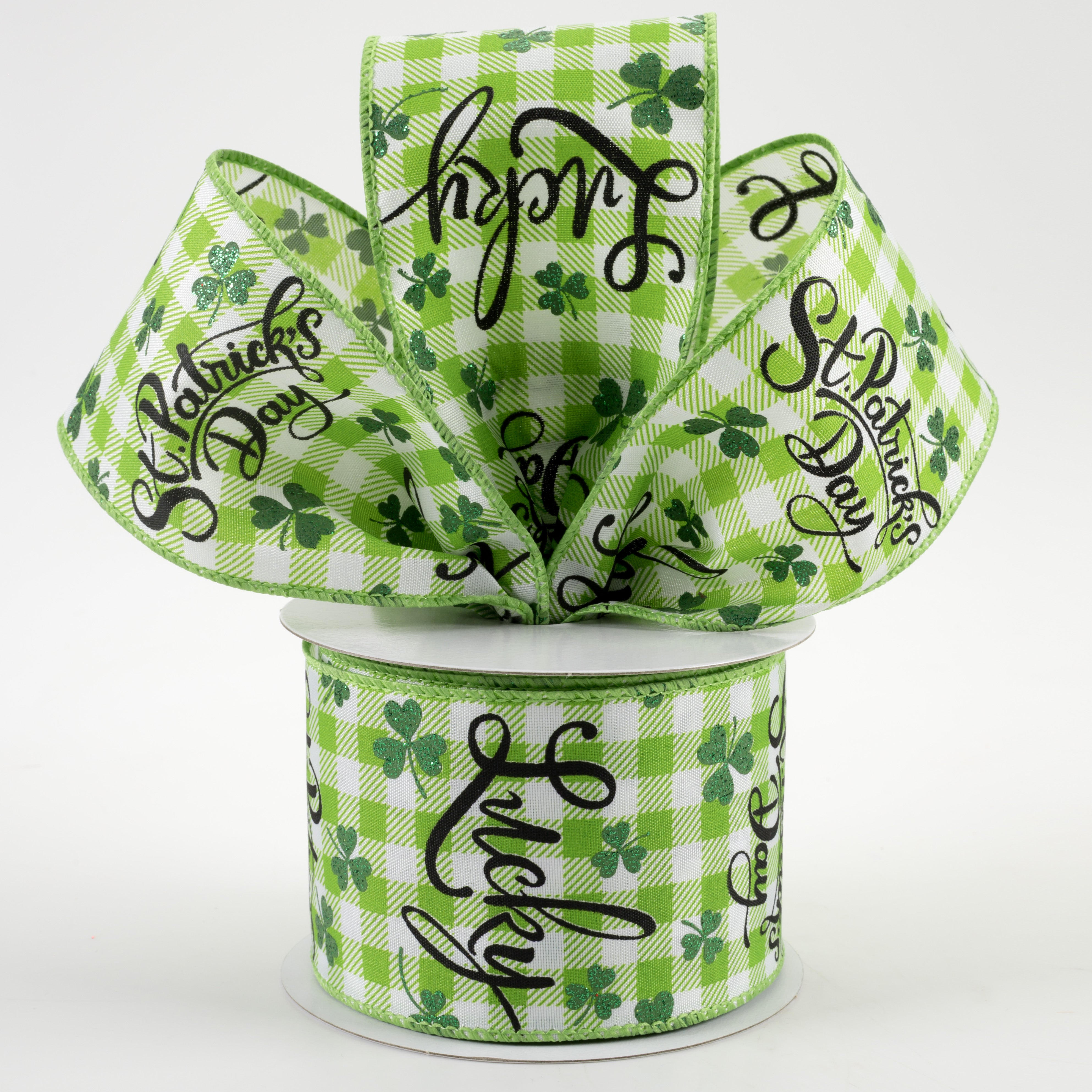 2.5" Lucky St. Pat Gingham Satin Ribbon: Lime & White (10 Yards)