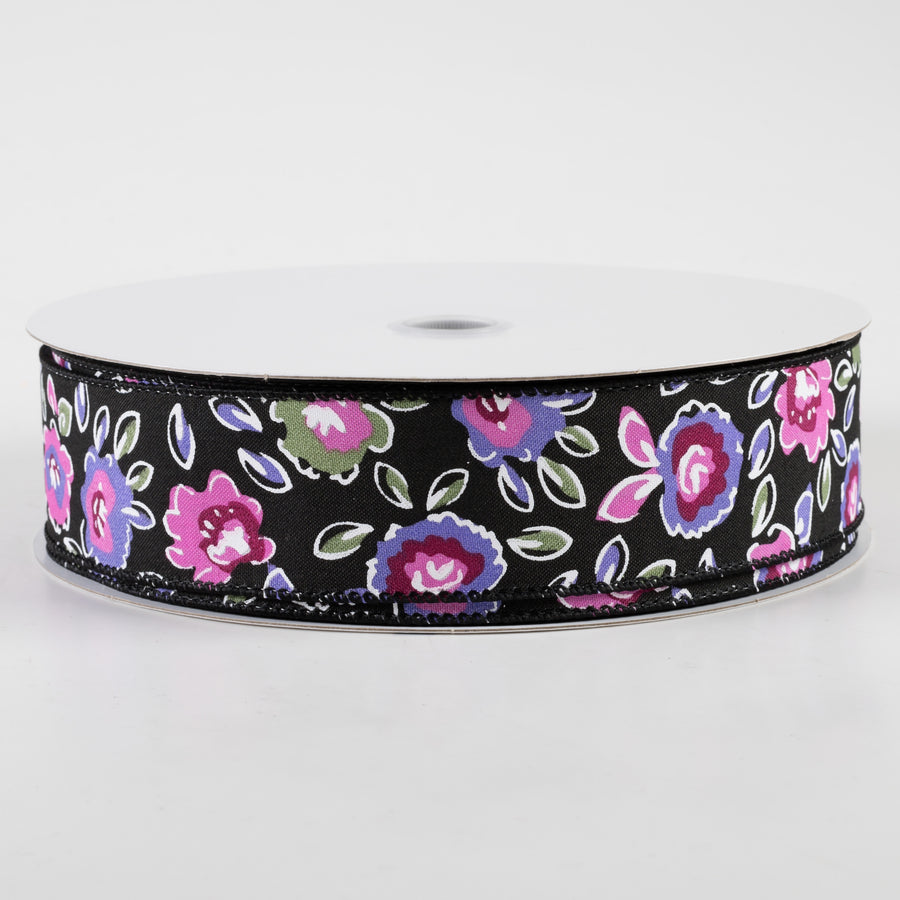 1.5" Electric Flowers Satin Ribbon: Black, Sage, Purple, Pink (50 Yards)