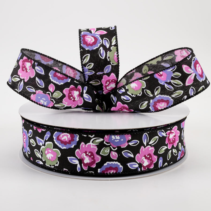1.5" Electric Flowers Satin Ribbon: Black, Sage, Purple, Pink (50 Yards)