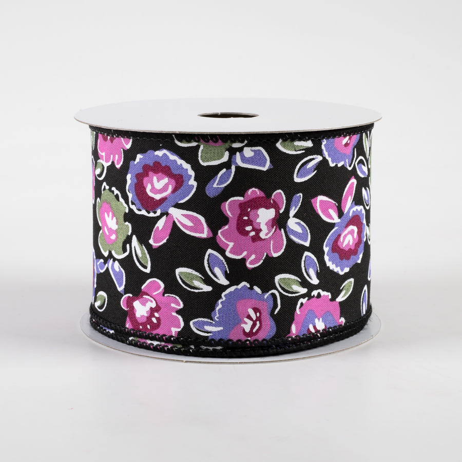 2.5" Electric Flowers Satin Ribbon: Black, Sage, Purple, Pink (10 Yards)