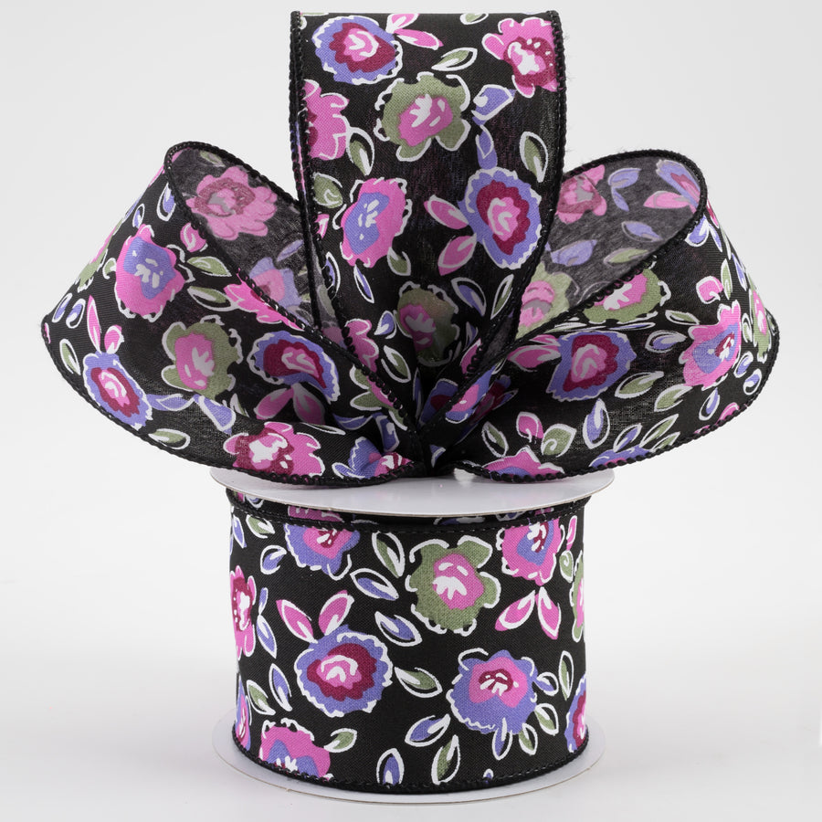 2.5" Electric Flowers Satin Ribbon: Black, Sage, Purple, Pink (10 Yards)