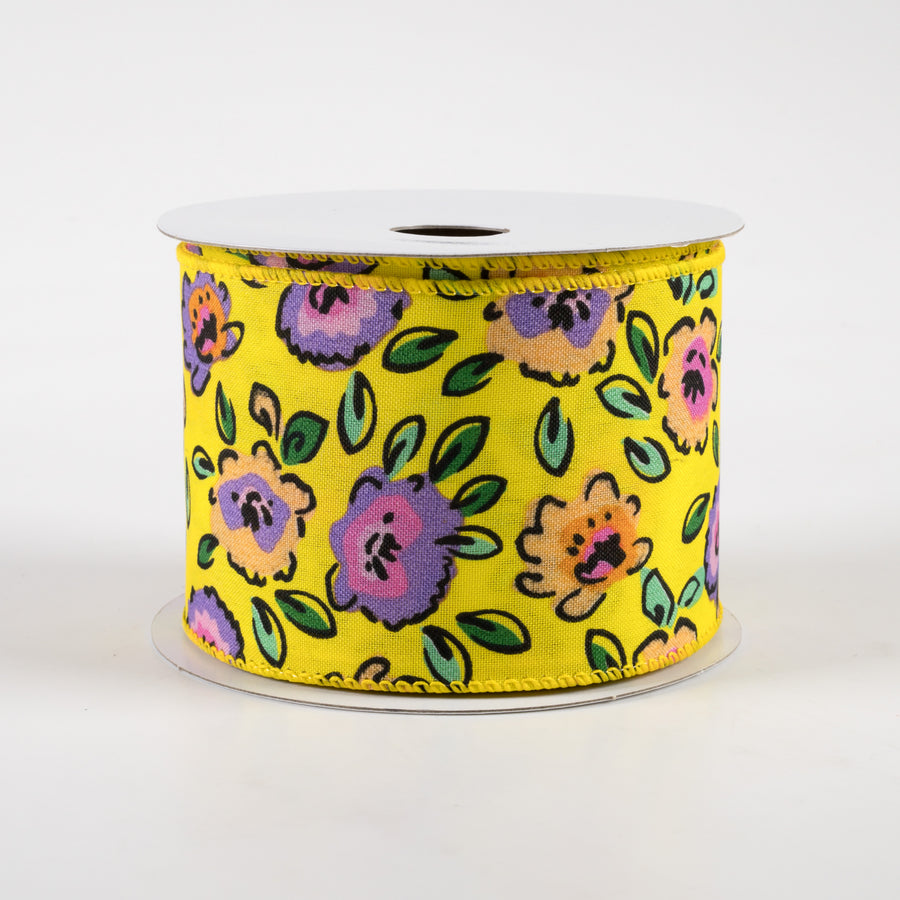 2.5" Electric Flowers Satin Ribbon: Yellow, Purple, Orange (10 Yards)