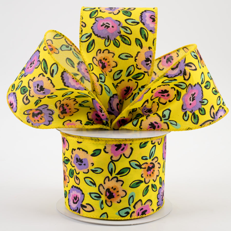 2.5" Electric Flowers Satin Ribbon: Yellow, Purple, Orange (10 Yards)