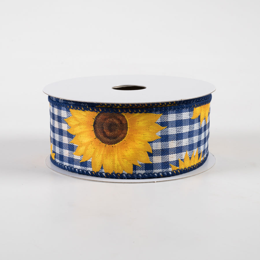 1.5" Sunflowers on Gingham Ribbon: Royal Blue & White (10 Yards)