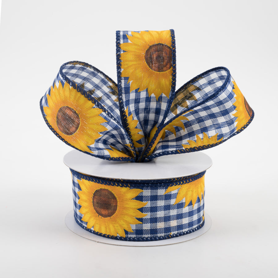 1.5" Sunflowers on Gingham Ribbon: Royal Blue & White (10 Yards)