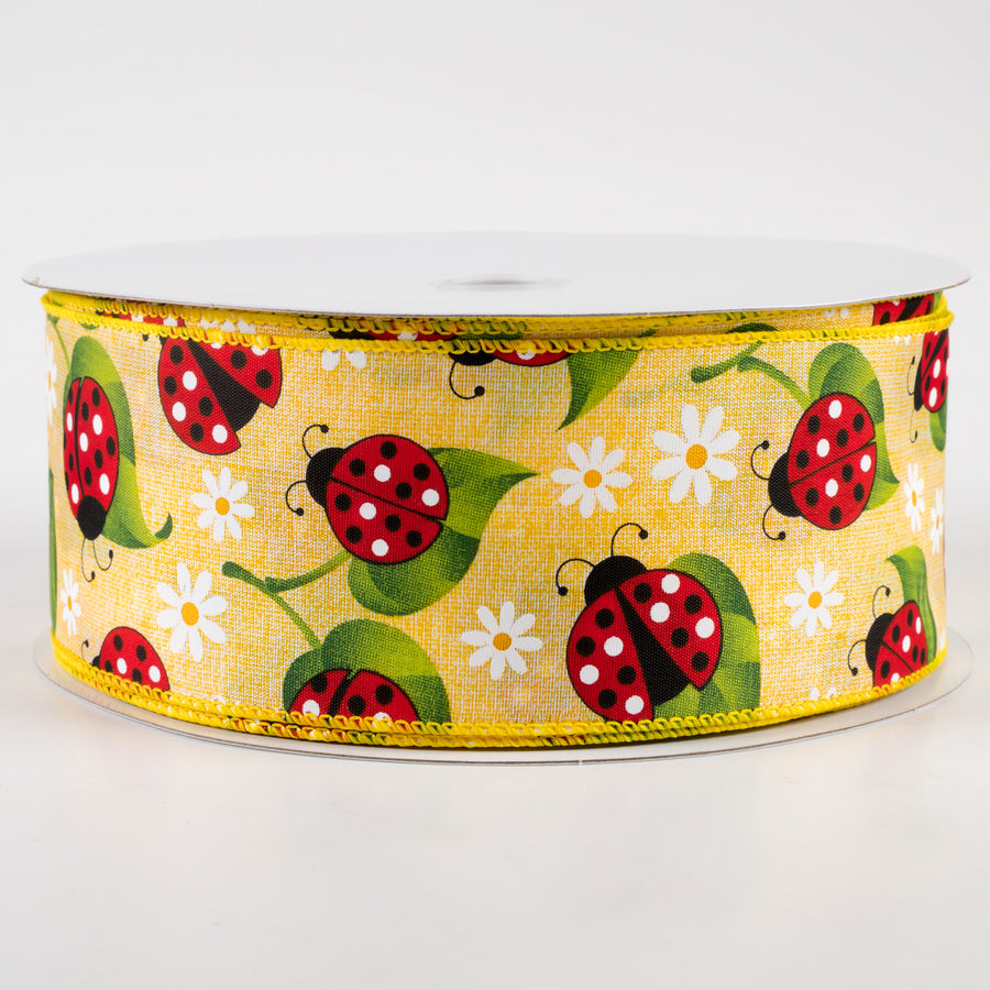 2.5" Ladybug Daisy Print Linen Ribbon: Yellow (50 Yards)
