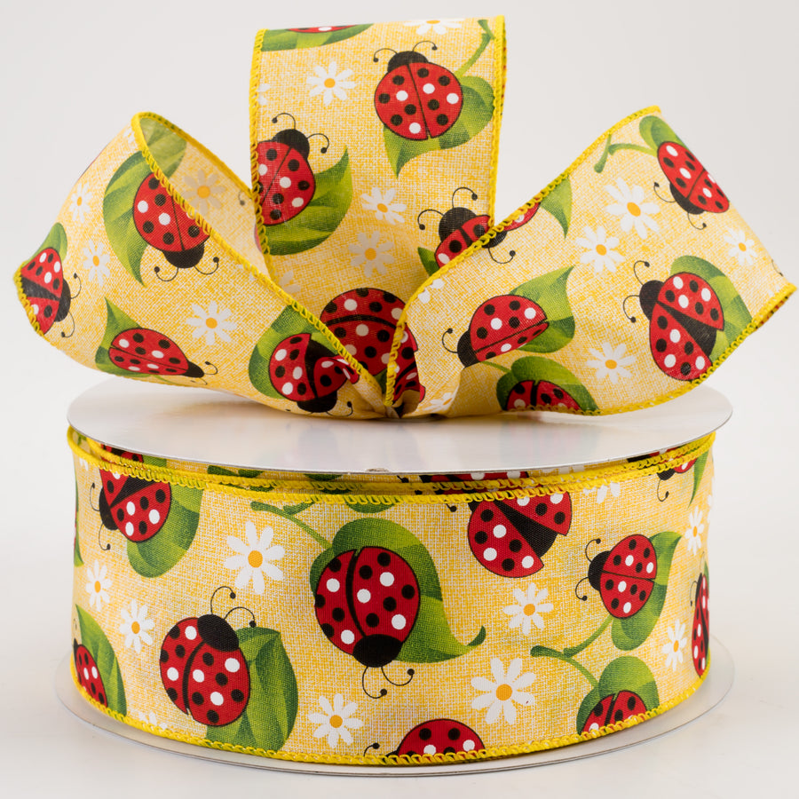 2.5" Ladybug Daisy Print Linen Ribbon: Yellow (50 Yards)