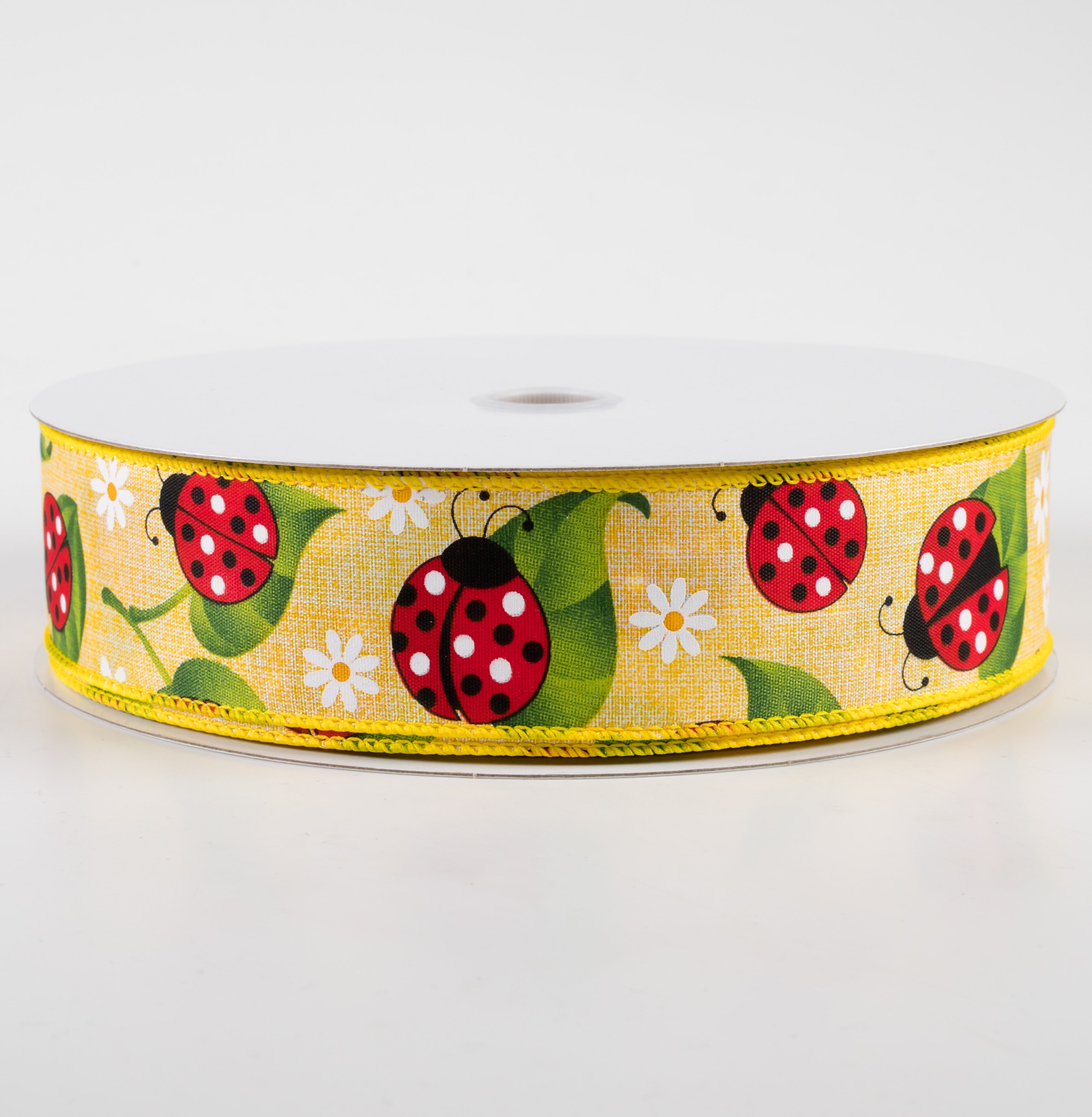 1.5" Ladybug Daisy Print Linen Ribbon: Yellow (50 Yards)