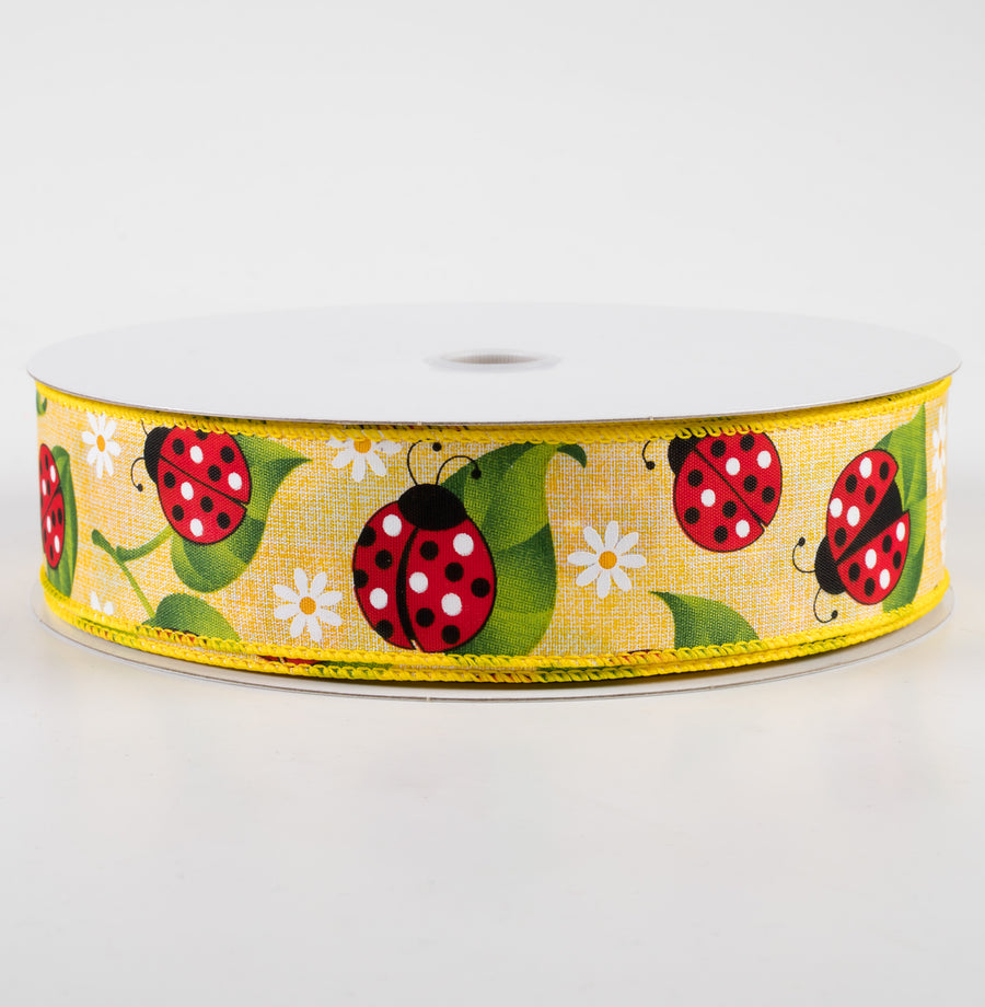 1.5" Ladybug Daisy Print Linen Ribbon: Yellow (50 Yards)