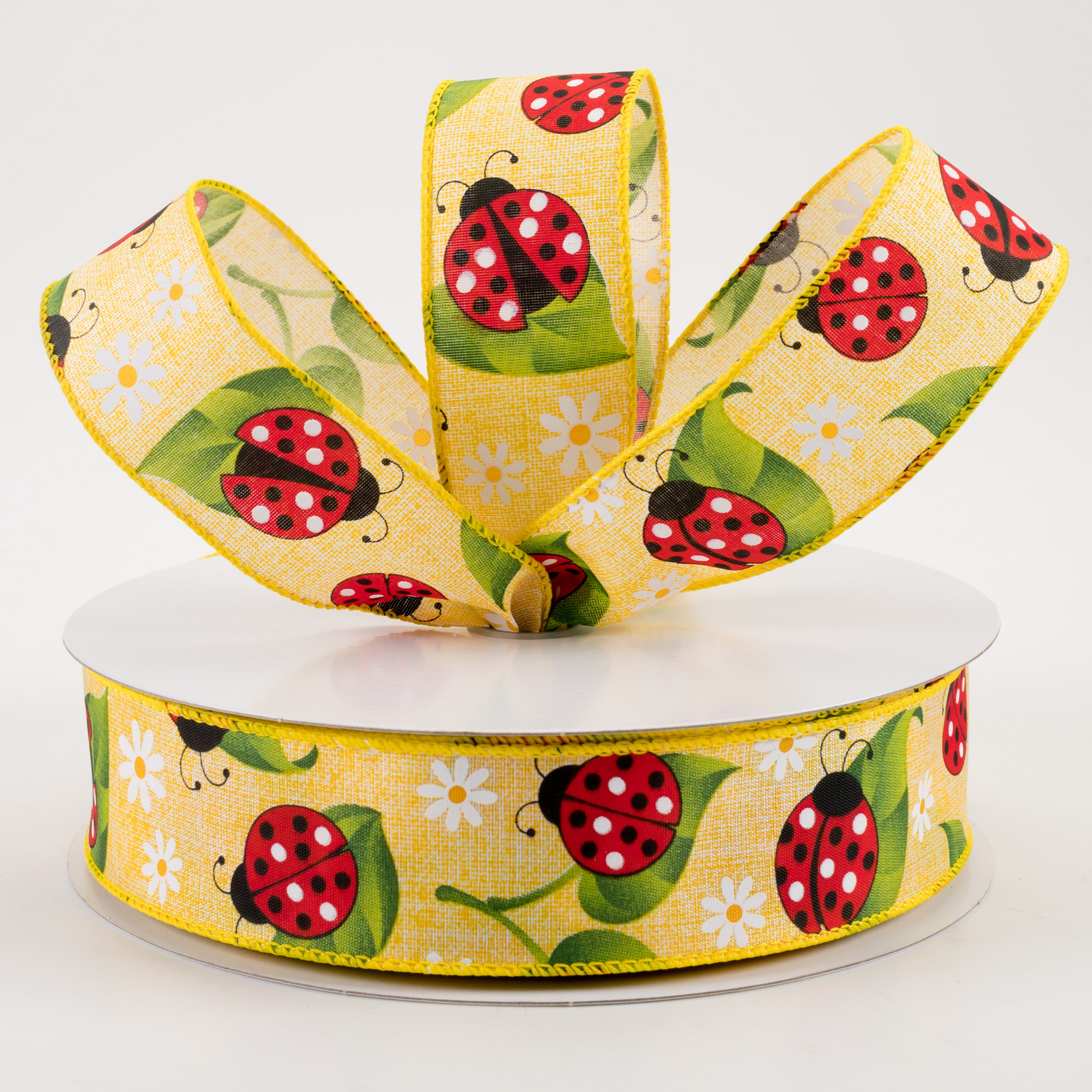 1.5" Ladybug Daisy Print Linen Ribbon: Yellow (50 Yards)