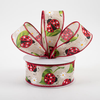 1.5" Ladybug Daisy Print Linen Ribbon: Natural (10 Yards)
