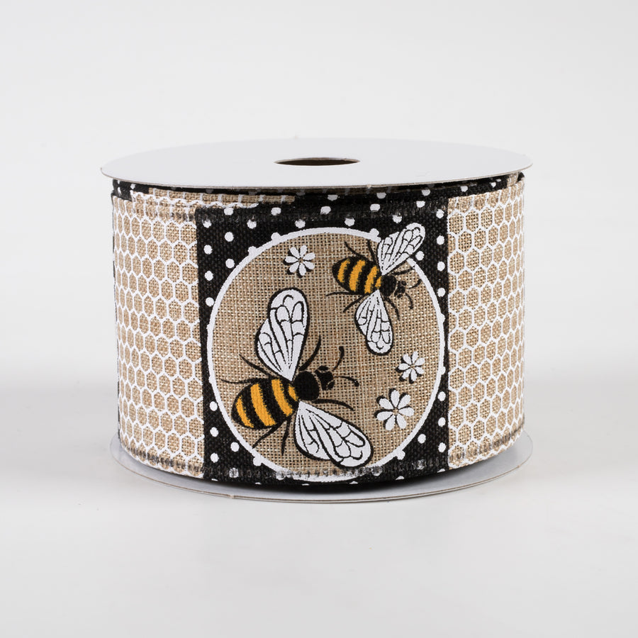 2.5" Honeycomb Bee Circles Linen Ribbon: Natural (10 Yards)