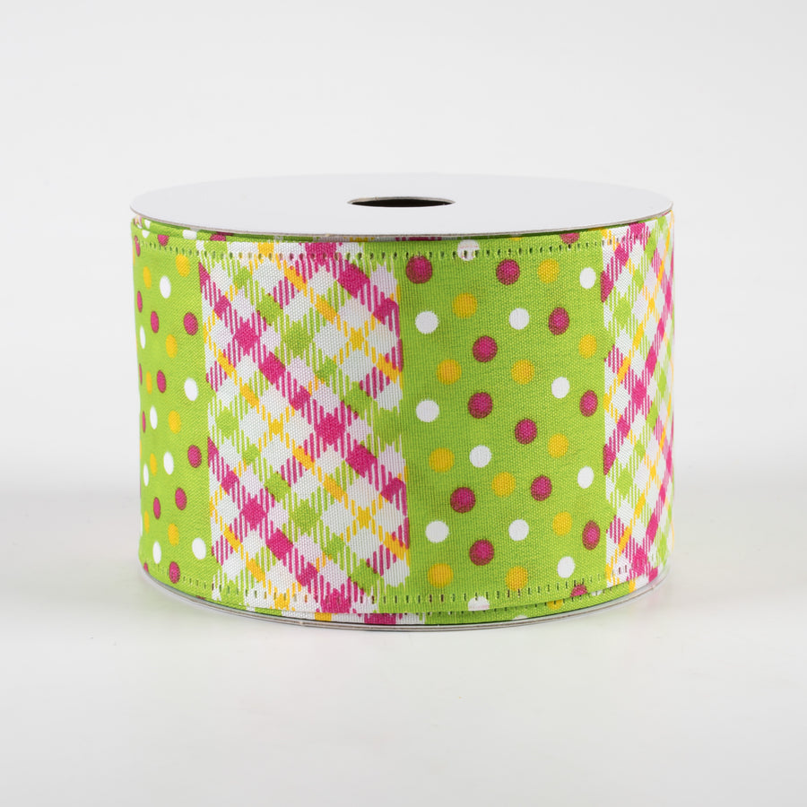 2.5" Argyle & Dot Stripes Ribbon: Lime, Yellow, Fuchsia, White (10 Yards)
