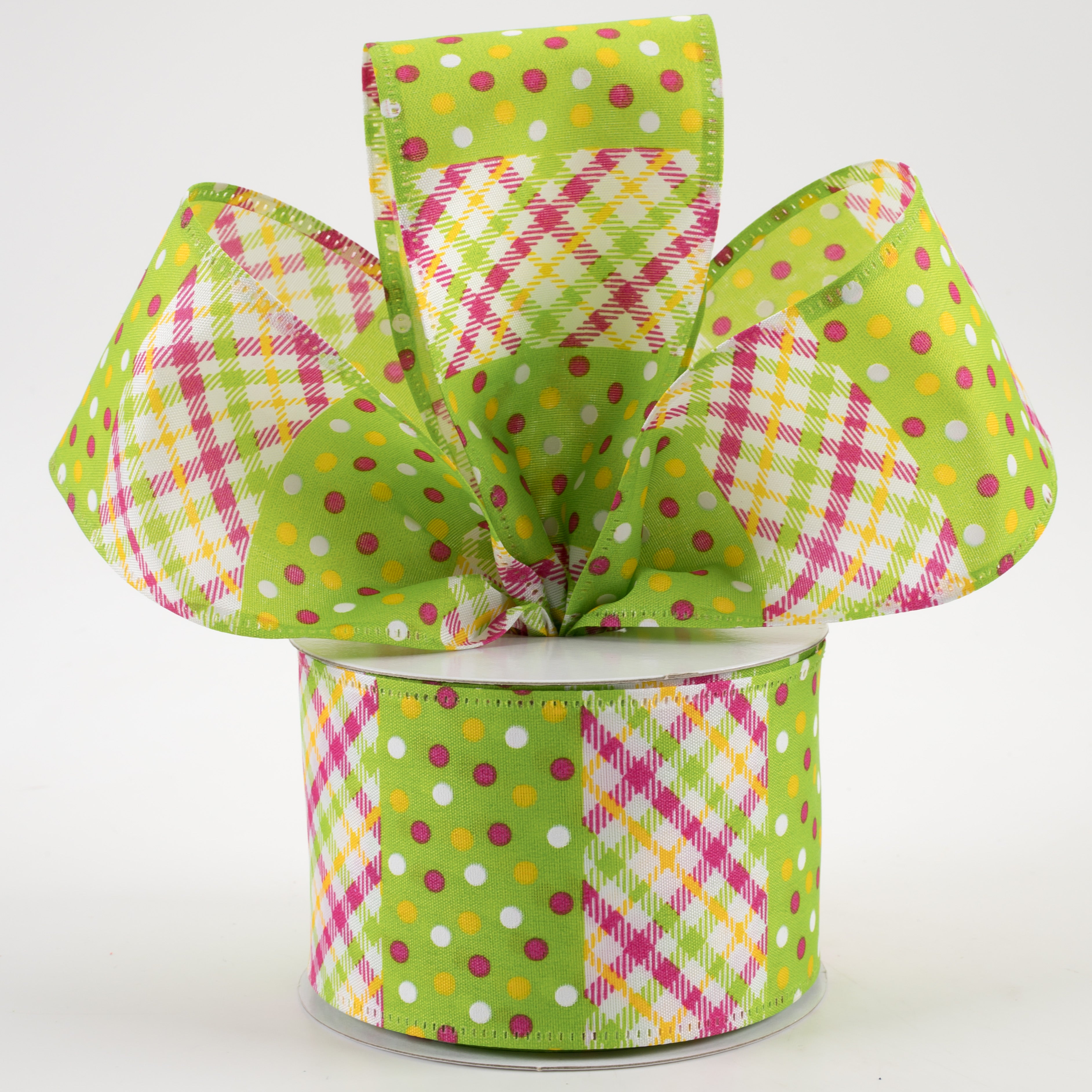 2.5" Argyle & Dot Stripes Ribbon: Lime, Yellow, Fuchsia, White (10 Yards)