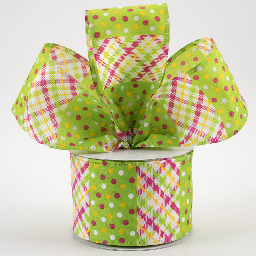 2.5" Argyle & Dot Stripes Ribbon: Lime, Yellow, Fuchsia, White (10 Yards)