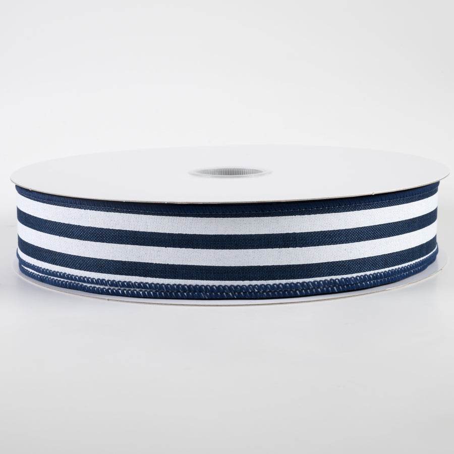 1.5" Linen Wide Cabana Stripes Ribbon: Navy & White (50 Yards)