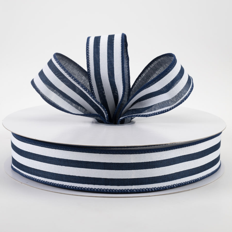 1.5" Linen Wide Cabana Stripes Ribbon: Navy & White (50 Yards)