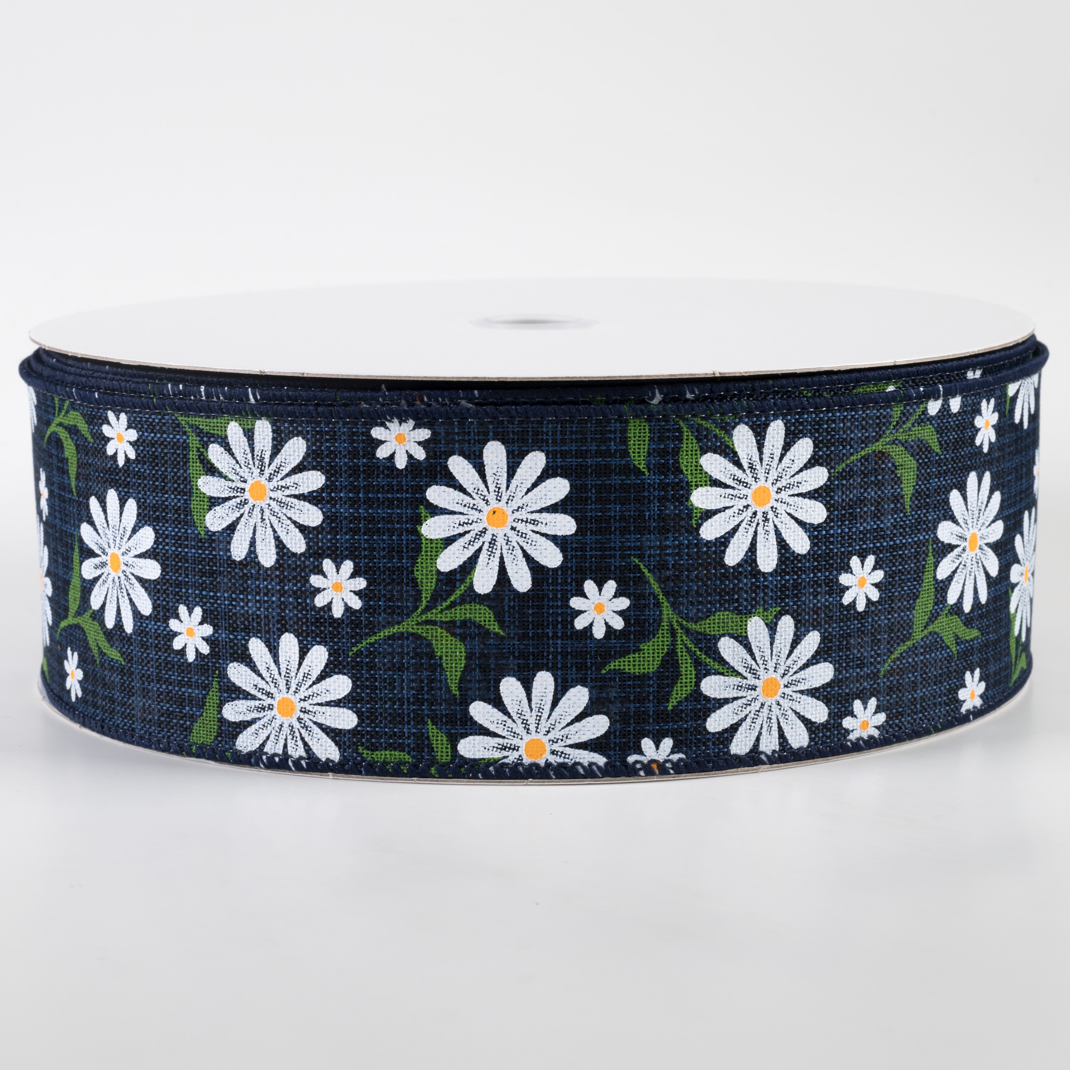 2.5" White Daisy Linen Ribbon: Navy (50 Yards)