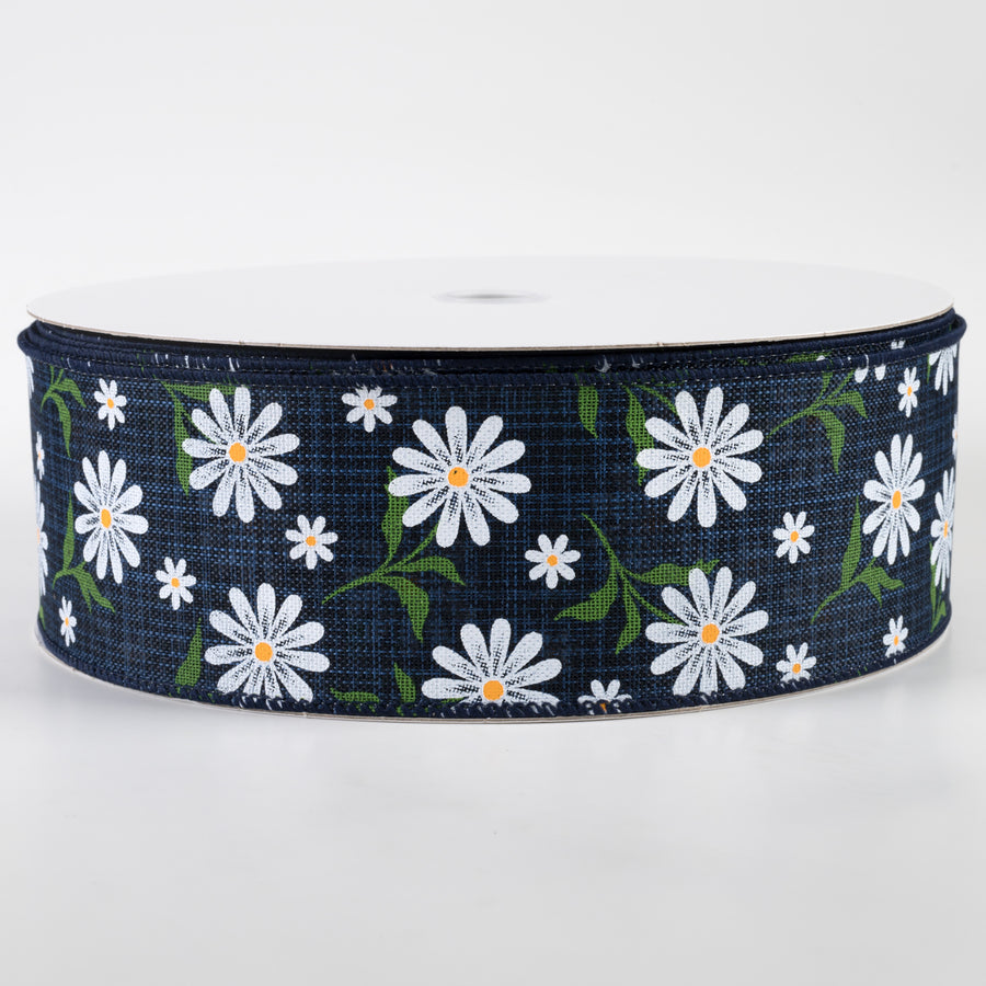 2.5" White Daisy Linen Ribbon: Navy (50 Yards)