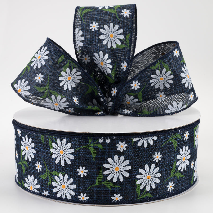 2.5" White Daisy Linen Ribbon: Navy (50 Yards)