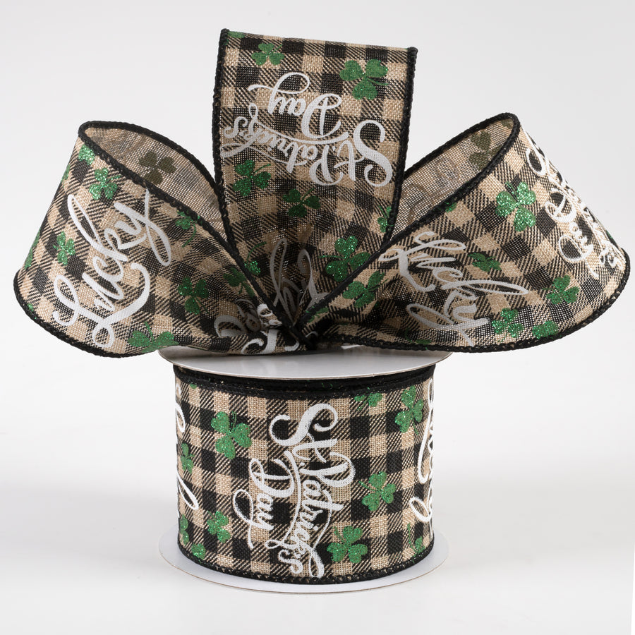 2.5" Lucky St. Pat Gingham Linen Ribbon: Natural & Black (10 Yards)