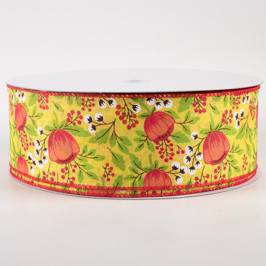 2.5" Linen Tangerine Peonies & Cotton Ribbon: Yellow (50 Yards)