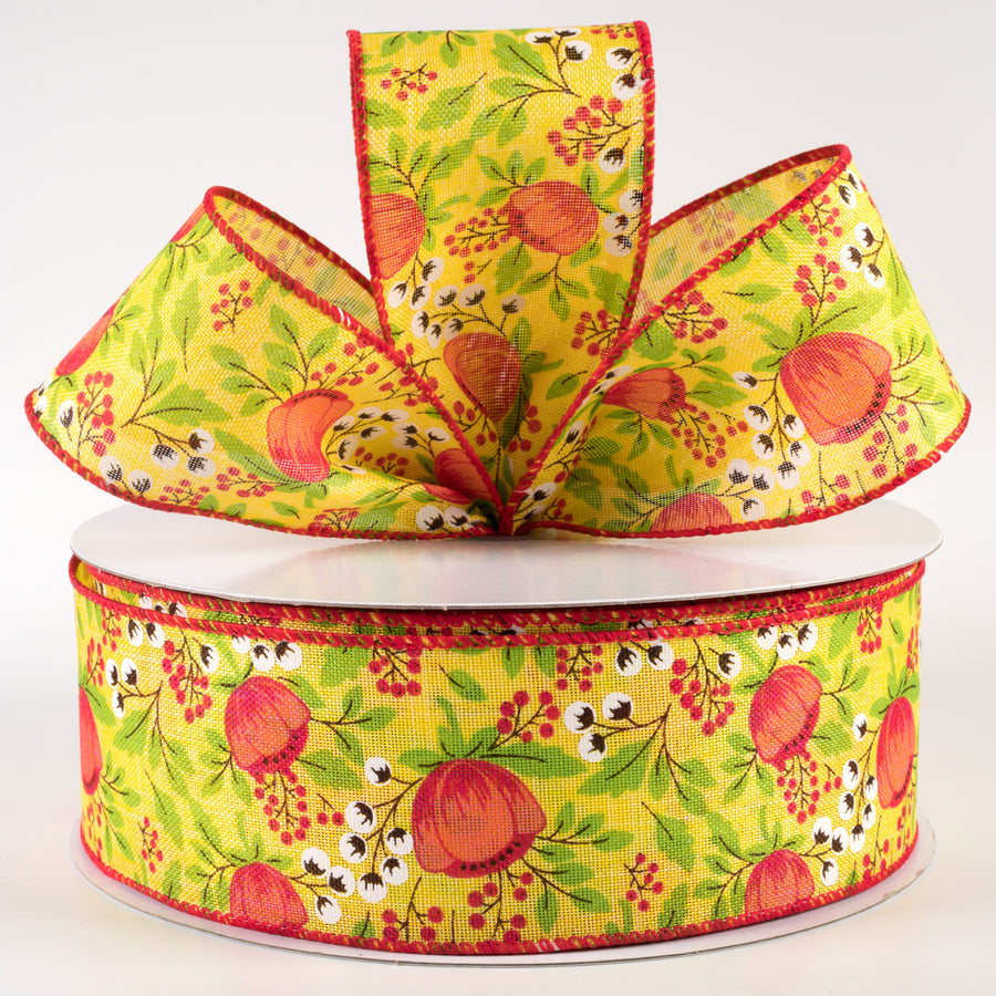 2.5" Linen Tangerine Peonies & Cotton Ribbon: Yellow (50 Yards)