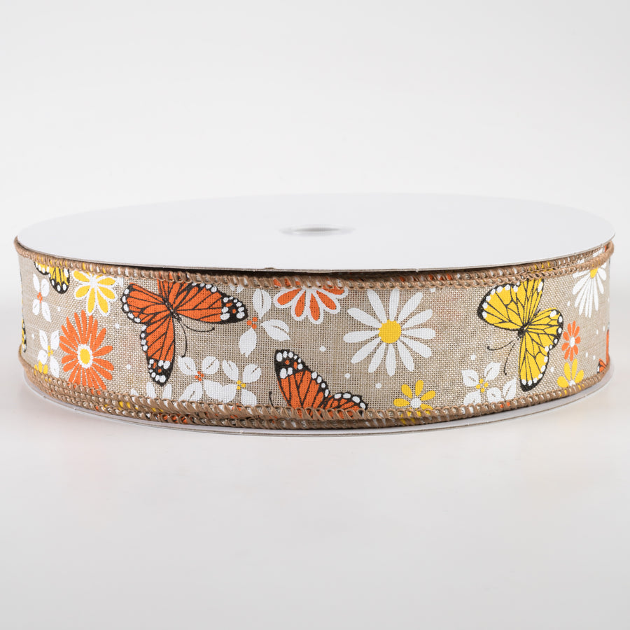 1.5" Butterflies & Flowers Linen Ribbon: Natural (50 Yards)