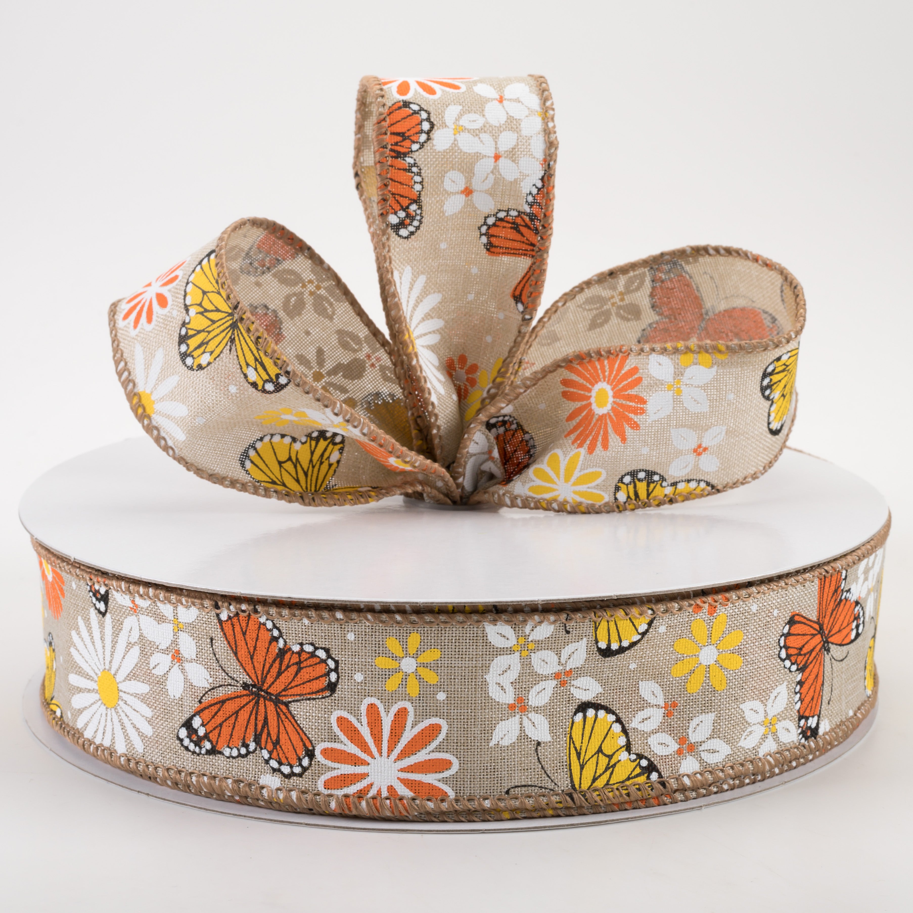 1.5" Butterflies & Flowers Linen Ribbon: Natural (50 Yards)
