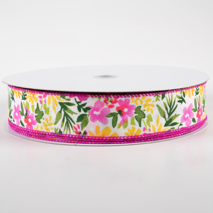 1.5" Watercolor Flowers on Linen Ribbon: Fuchsia & Yellow (50 Yards)