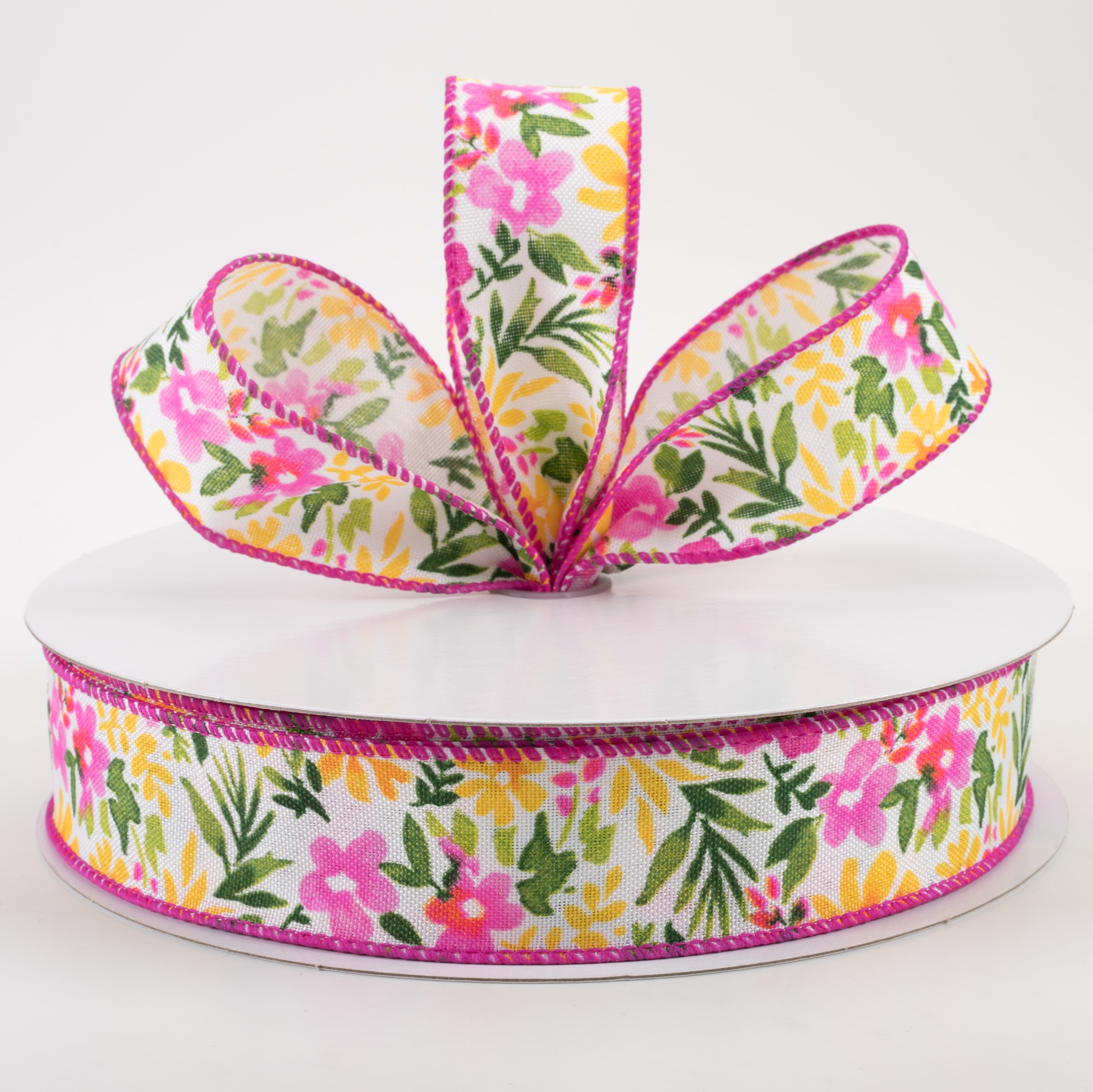 1.5" Watercolor Flowers on Linen Ribbon: Fuchsia & Yellow (50 Yards)