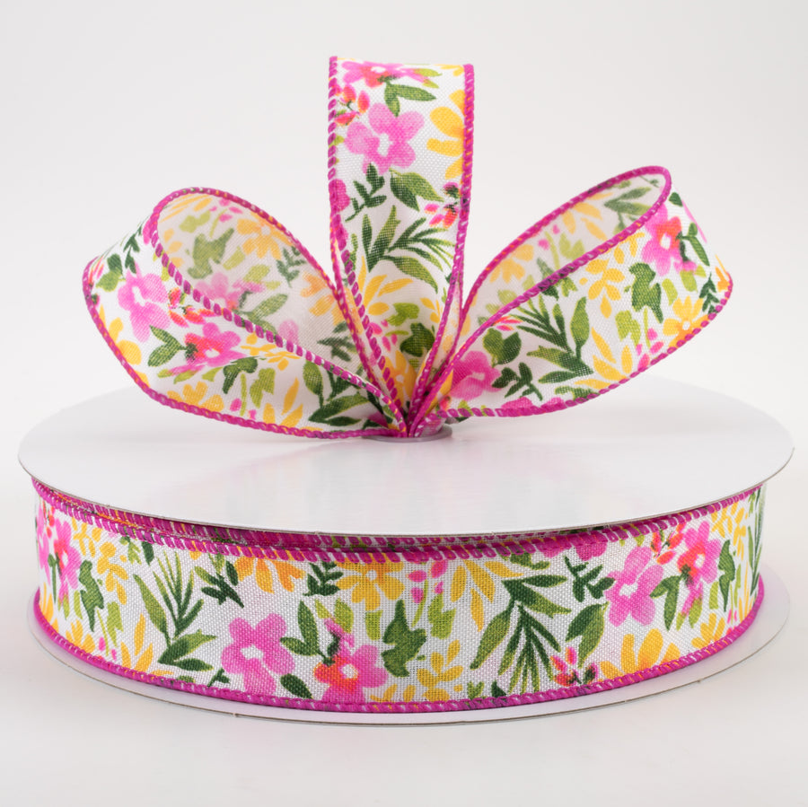 1.5" Watercolor Flowers on Linen Ribbon: Fuchsia & Yellow (50 Yards)