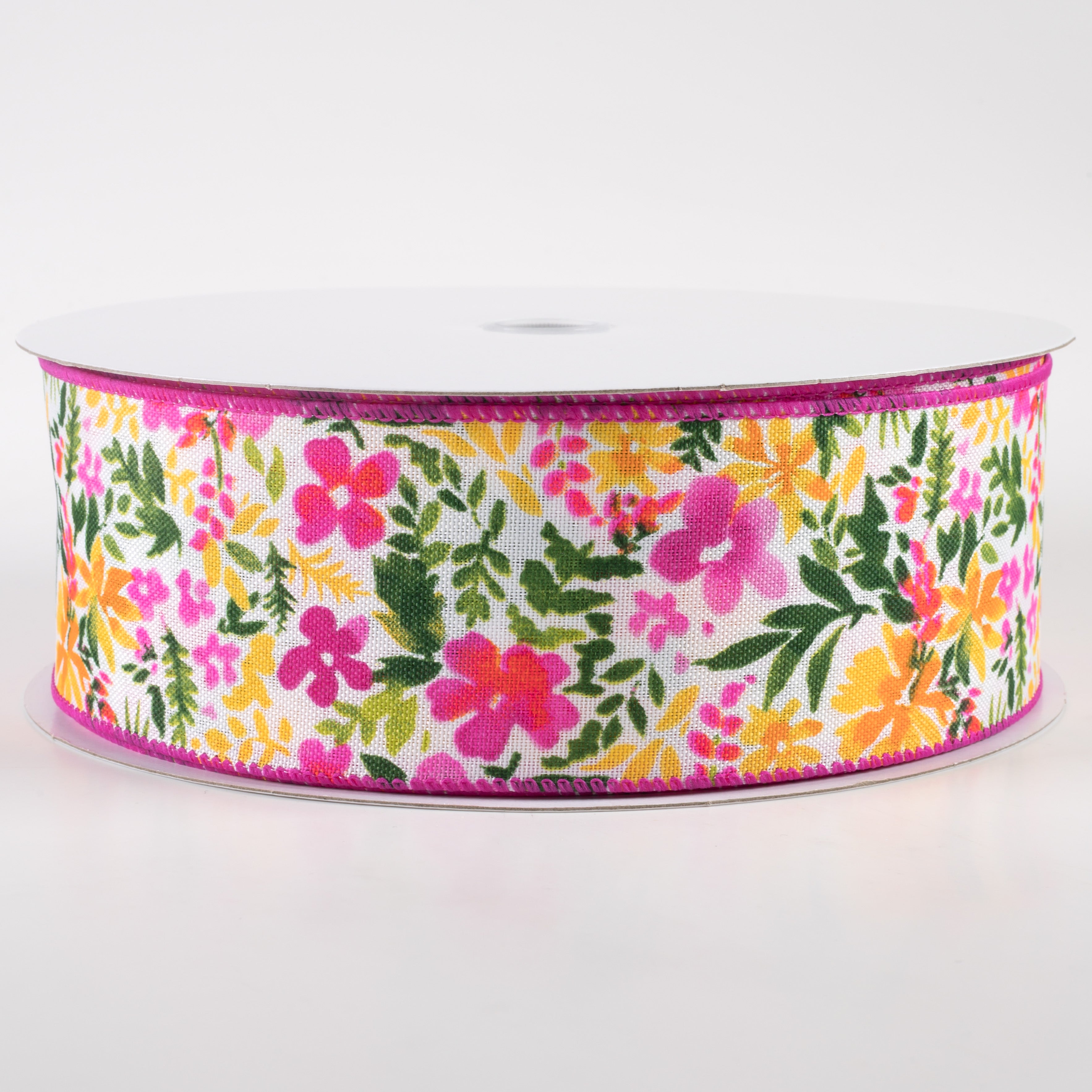 2.5" Watercolor Flowers on Linen Ribbon: Fuchsia & Yellow (50 Yards)