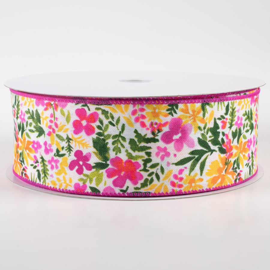 2.5" Watercolor Flowers on Linen Ribbon: Fuchsia & Yellow (50 Yards)