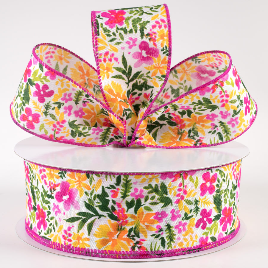 2.5" Watercolor Flowers on Linen Ribbon: Fuchsia & Yellow (50 Yards)