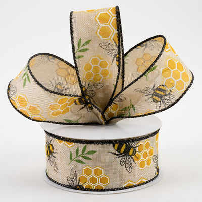 1.5" Honeycomb Bee Linen Ribbon: Natural (10 Yards)