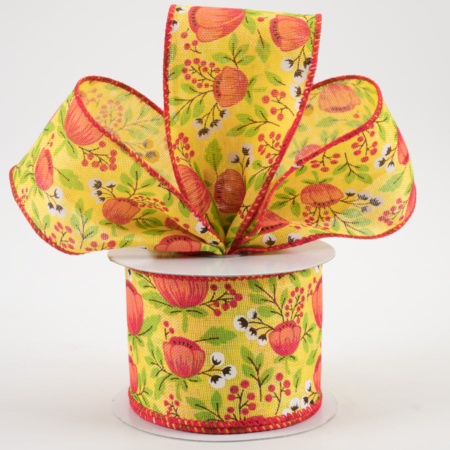 2.5" Linen Tangerine Peonies & Cotton Ribbon: Yellow (10 Yards)