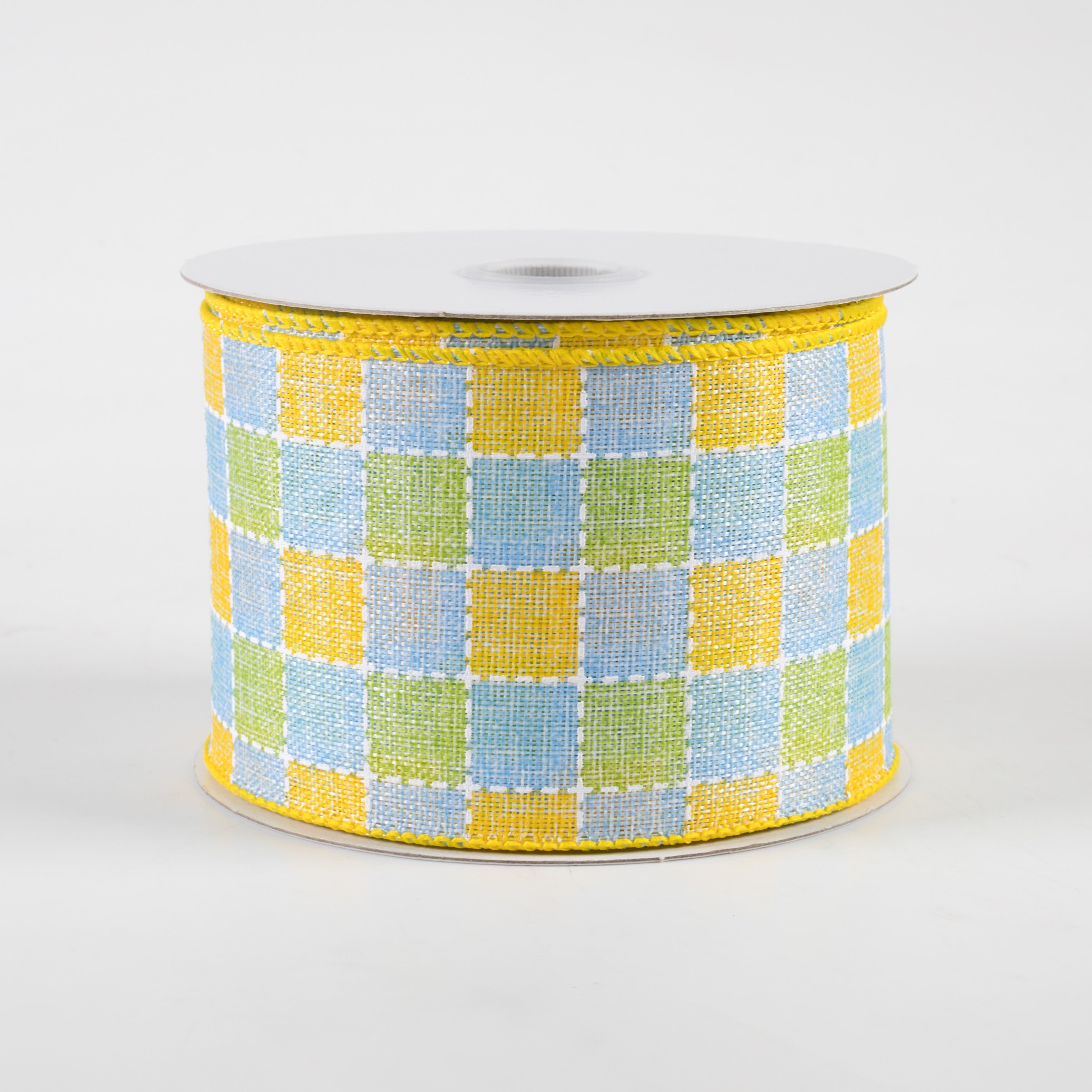 2.5" Stitched Square Plaid Linen Ribbon: Yellow, Blue, Green (10 Yards)