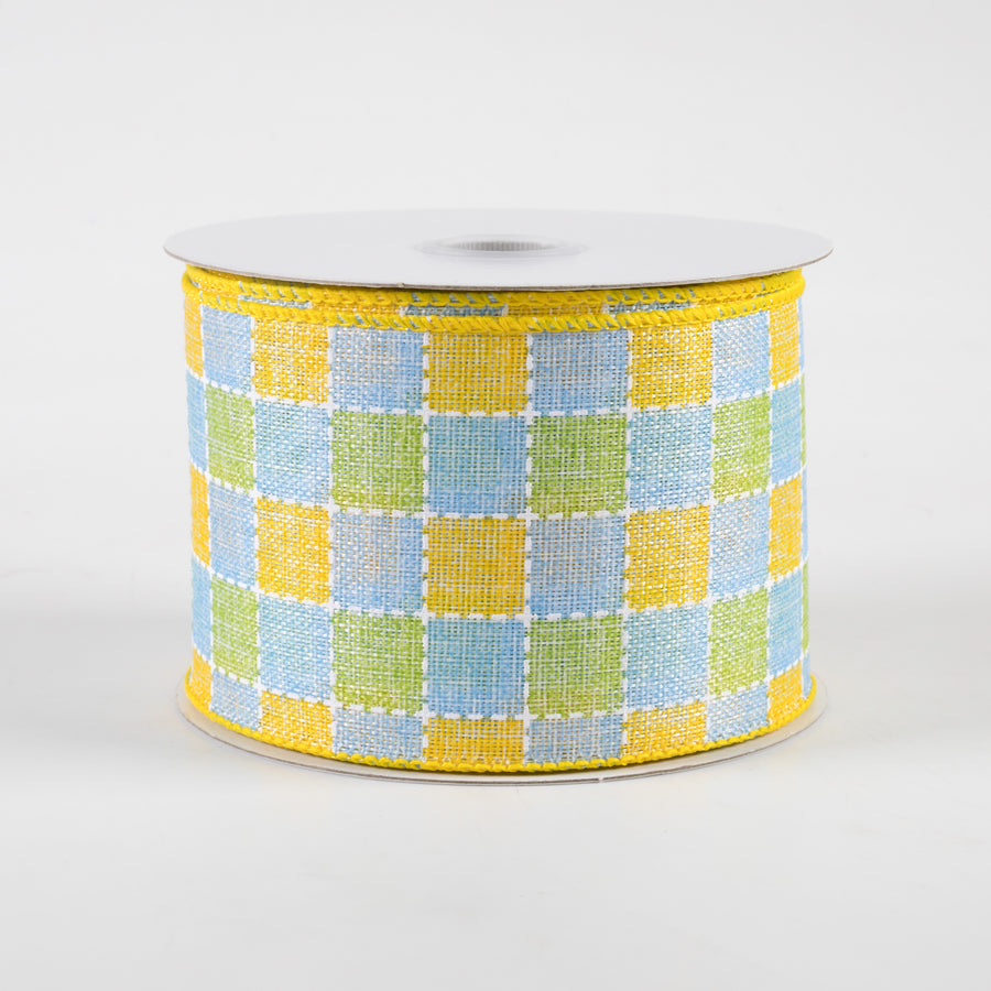 2.5" Stitched Square Plaid Linen Ribbon: Yellow, Blue, Green (10 Yards)