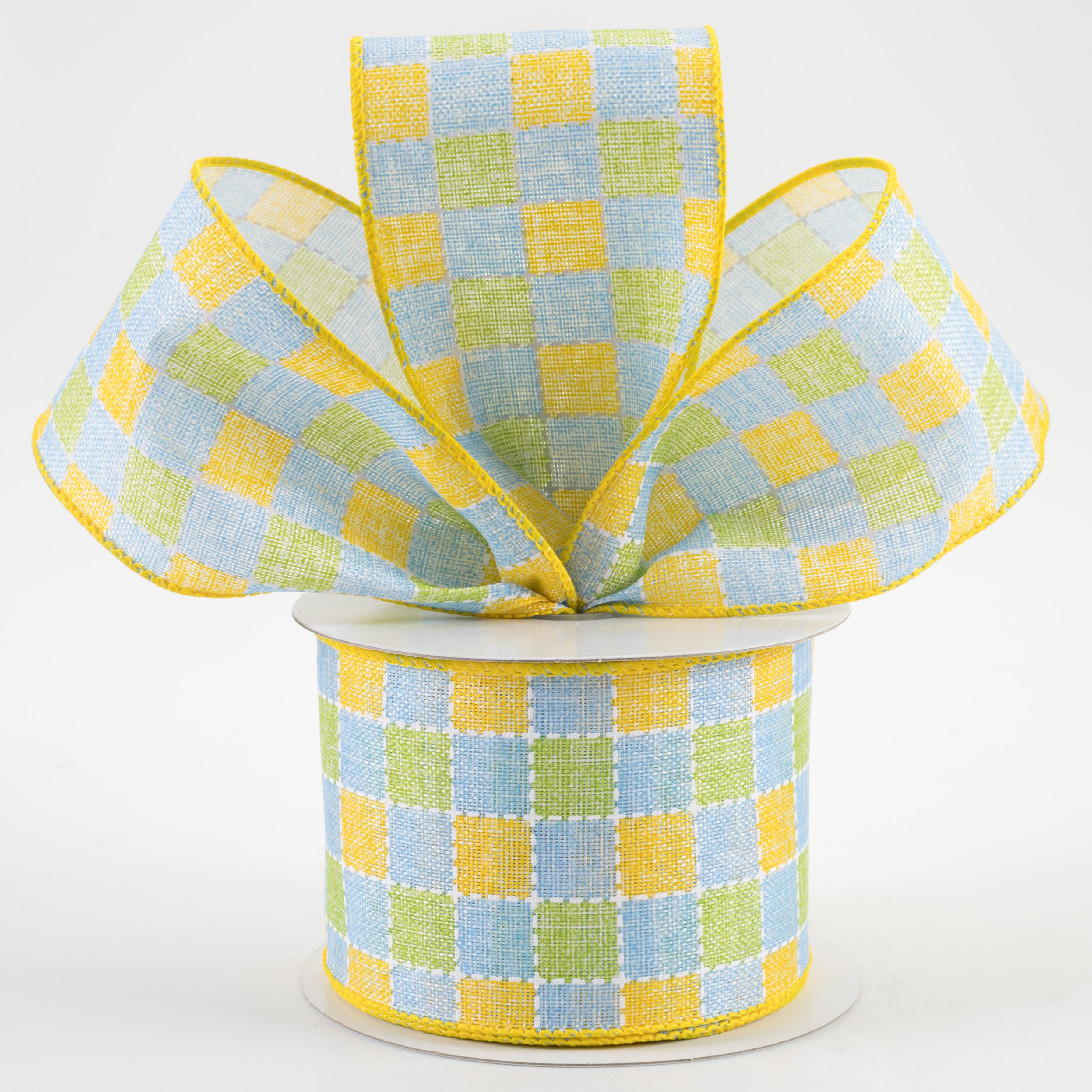 2.5" Stitched Square Plaid Linen Ribbon: Yellow, Blue, Green (10 Yards)