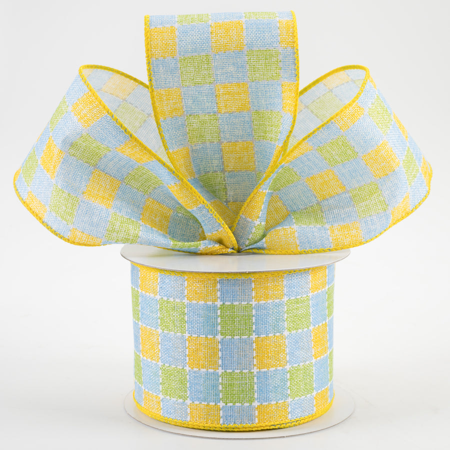 2.5" Stitched Square Plaid Linen Ribbon: Yellow, Blue, Green (10 Yards)