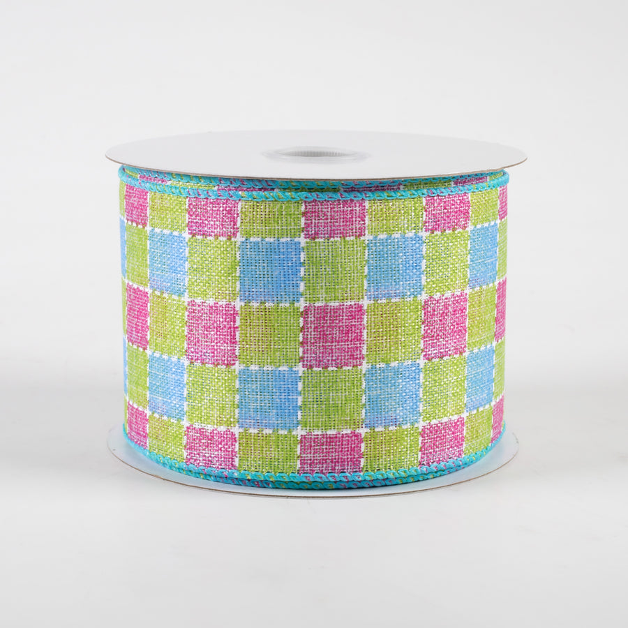 2.5" Stitched Square Plaid Linen Ribbon: Blue, Pink, Green (10 Yards)