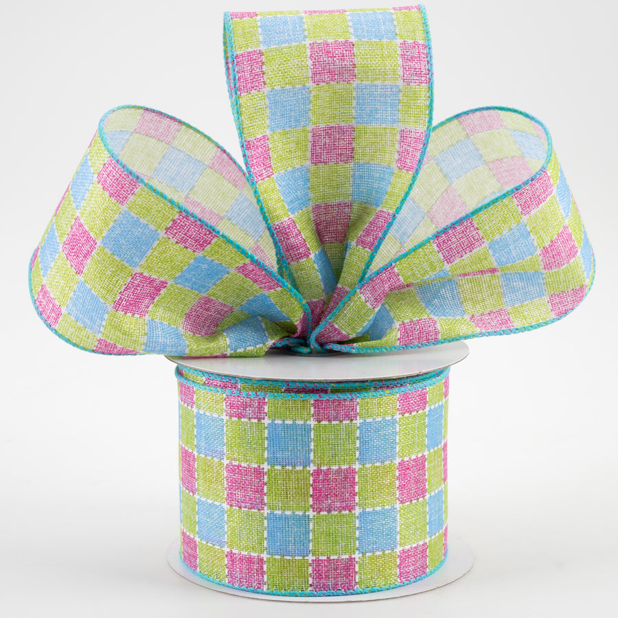 2.5" Stitched Square Plaid Linen Ribbon: Blue, Pink, Green (10 Yards)