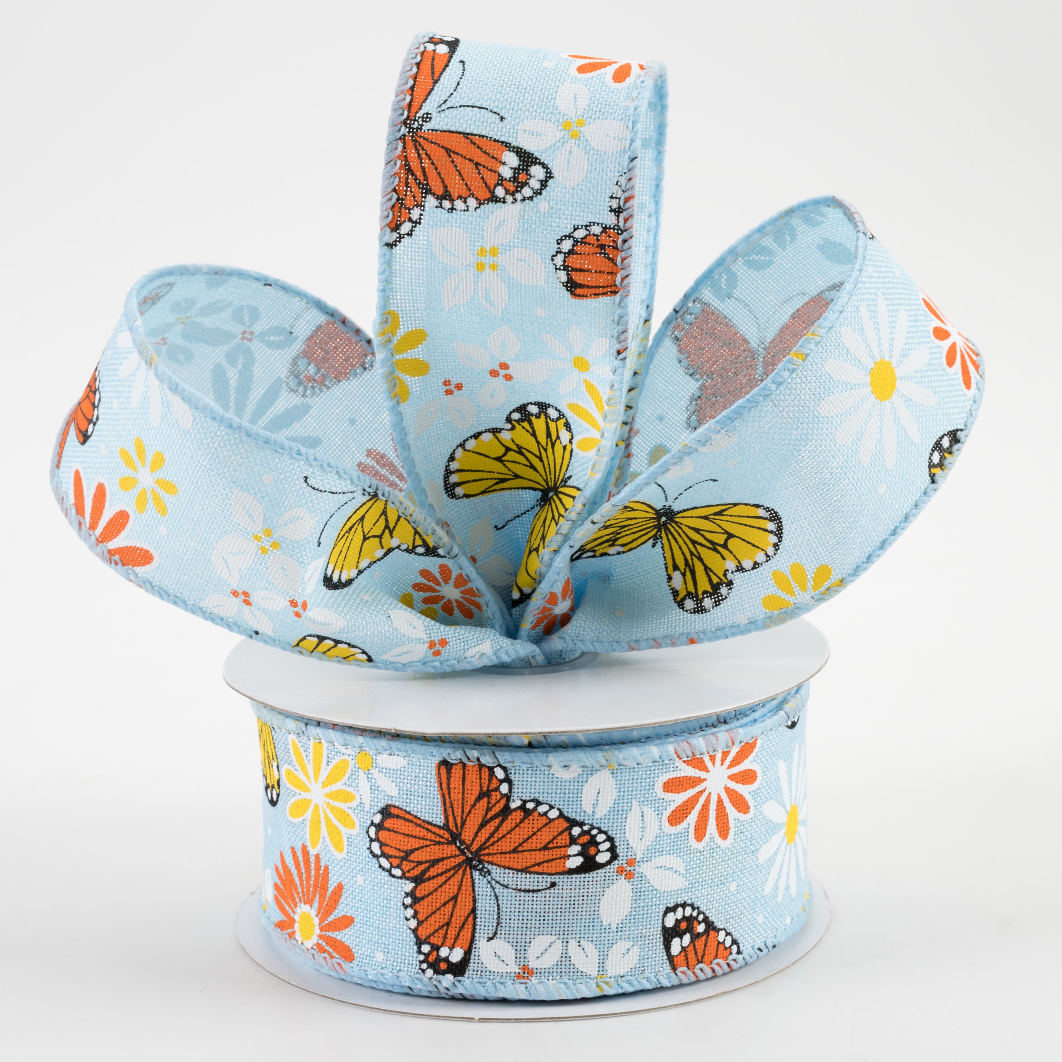 1.5" Butterflies & Flowers Linen Ribbon: Light Blue (10 Yards)