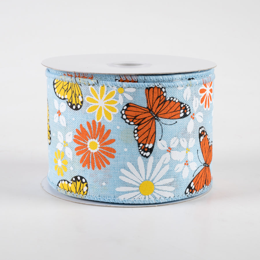 2.5" Butterflies & Flowers Linen Ribbon: Light Blue (10 Yards)