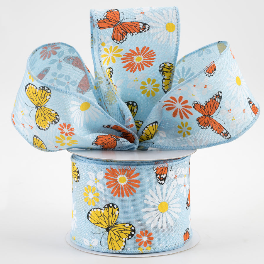 2.5" Butterflies & Flowers Linen Ribbon: Light Blue (10 Yards)