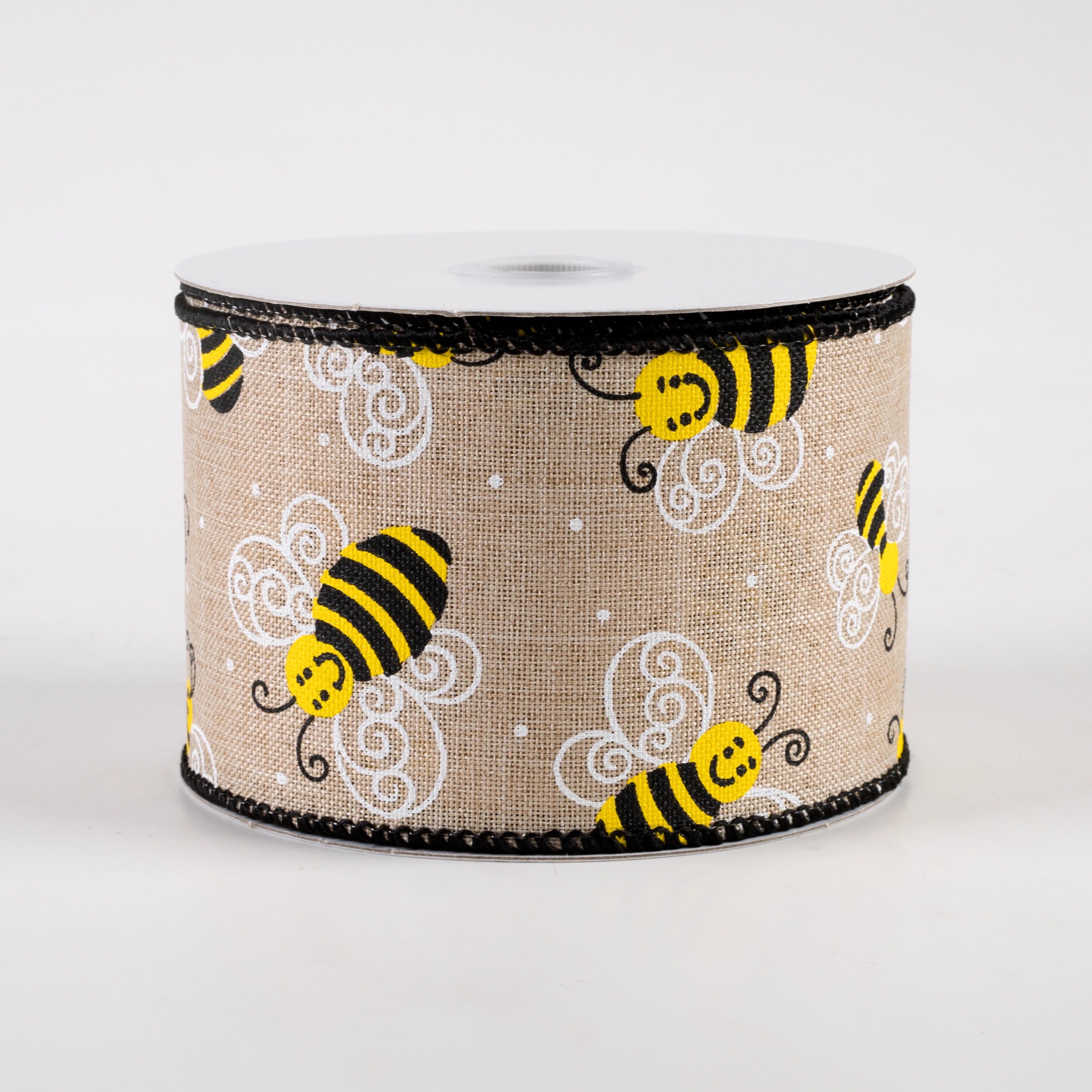 2.5" Smiling Bumble Bee Linen Ribbon: Natural (10 Yards)
