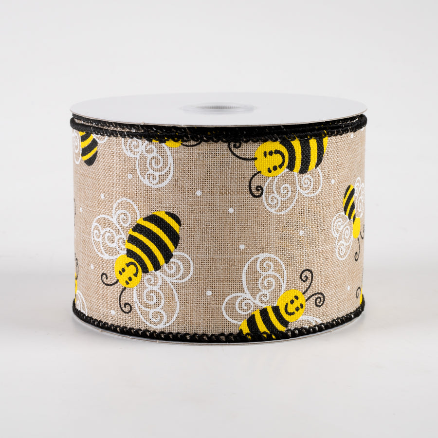 2.5" Smiling Bumble Bee Linen Ribbon: Natural (10 Yards)