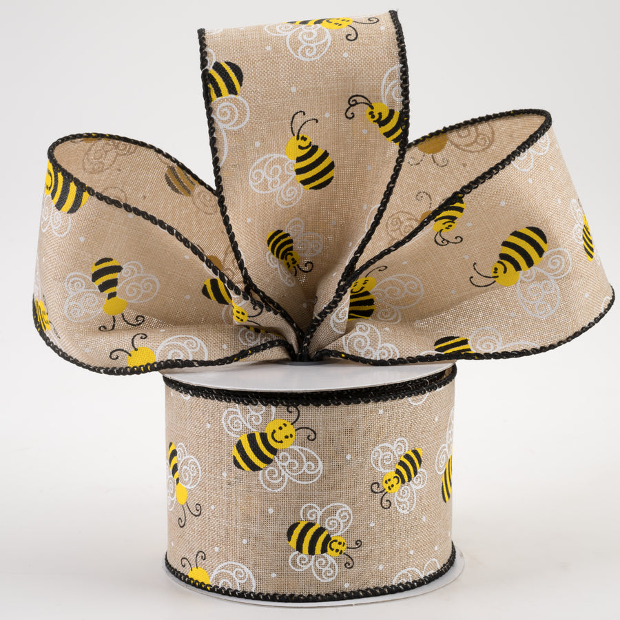 2.5" Smiling Bumble Bee Linen Ribbon: Natural (10 Yards)