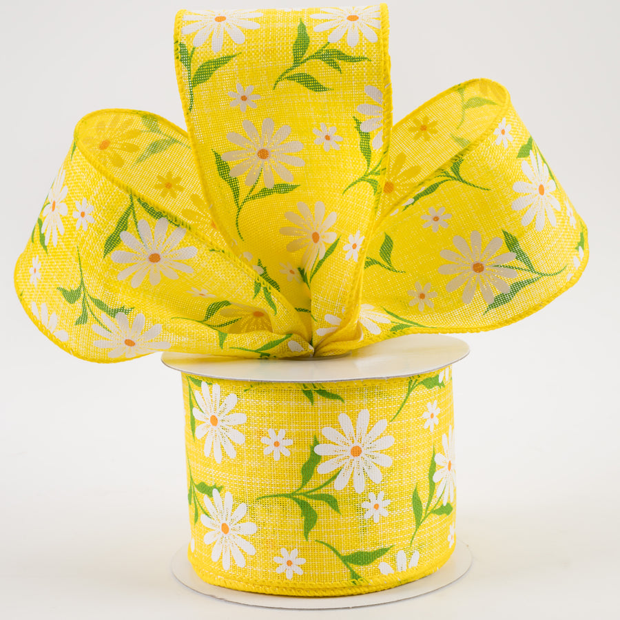 2.5" White Daisy Linen Ribbon: Yellow (10 Yards)